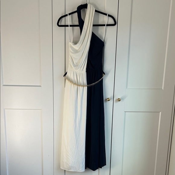 Halston Elegant Navy and White Women's Dress with Gold Belt | 6 - Picture 6 of 9